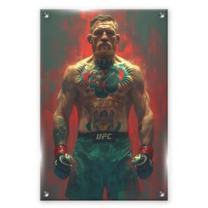 תמונה אומנותית של לוחם MMA עם קעקועים מרשימים על גופו, חובש כפפות UFC וממוקם על רקע אדום.