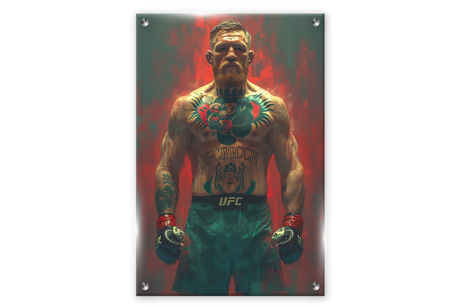 תמונה אומנותית של לוחם MMA עם קעקועים מרשימים על גופו, חובש כפפות UFC וממוקם על רקע אדום.