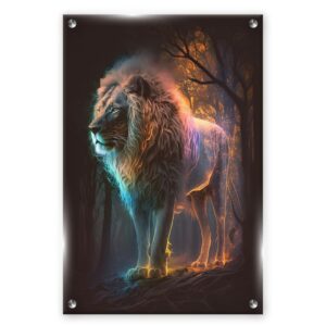 "המלך האריה זוהר בעיצומו של יער קסום, צבעים חזקים ורכים משתלבים יחד."