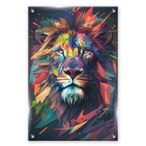 "המלך האריה בעיצוב גיאומטרי צבעוני המשלב קווים נועזים וצבעים מודרניים."