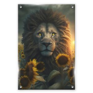 האריה מוקף בחמניות עם תאורה חמימה המבליטה את עוצמתו ויופיו הטבעי