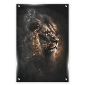 תמונה אומנותית של אריה עם צבעים חמים, פיסול חזק ואפקטים דינמיים של אור וצל.