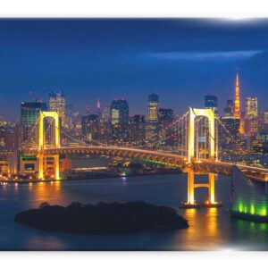 תמונת זכוכית של גשר ריינבו בטוקיו בלילה עם תאורה מרהיבה