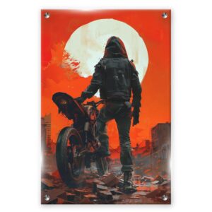 תמונת זכוכית של רוכב אופנוע מול ירח אדום בעיר אפלה