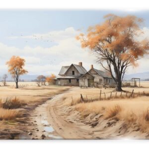 תמונת זכוכית של בית כפרי בנוף שדה פתוח עם עצים ושמיים כחולים