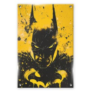 תמונת זכוכית של באטמן בסגנון פופ ארט עם צבעים עזים ורקע צהוב