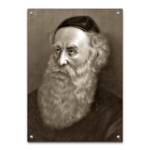דיוקן זכוכית סגנוני של רבי שניאור זלמן מלאדי, בעיצוב ספיה קלאסי, עם רקע חום אחיד ופרטים עשירים בזקן ובשיער.