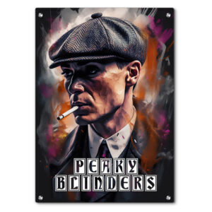 תמונת זכוכית בעיצוב Peaky Blinders: פורטרט גבר חובש כובע עיתונאים על רקע דרמטי בגוונים חמים, עם טקסט בולט של שם הסדרה.