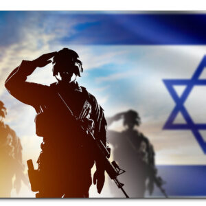 תמונת זכוכית עם דמות של חייל בסילואט על רקע דגל ישראל המעוצב בגוונים של כחול ולבן.