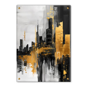 תמונת זכוכית עם קו רקיע עירוני בסילואט שחור, על רקע צבעי זהב ואפור, מייצרת תחושת תנועה ואנרגיה.