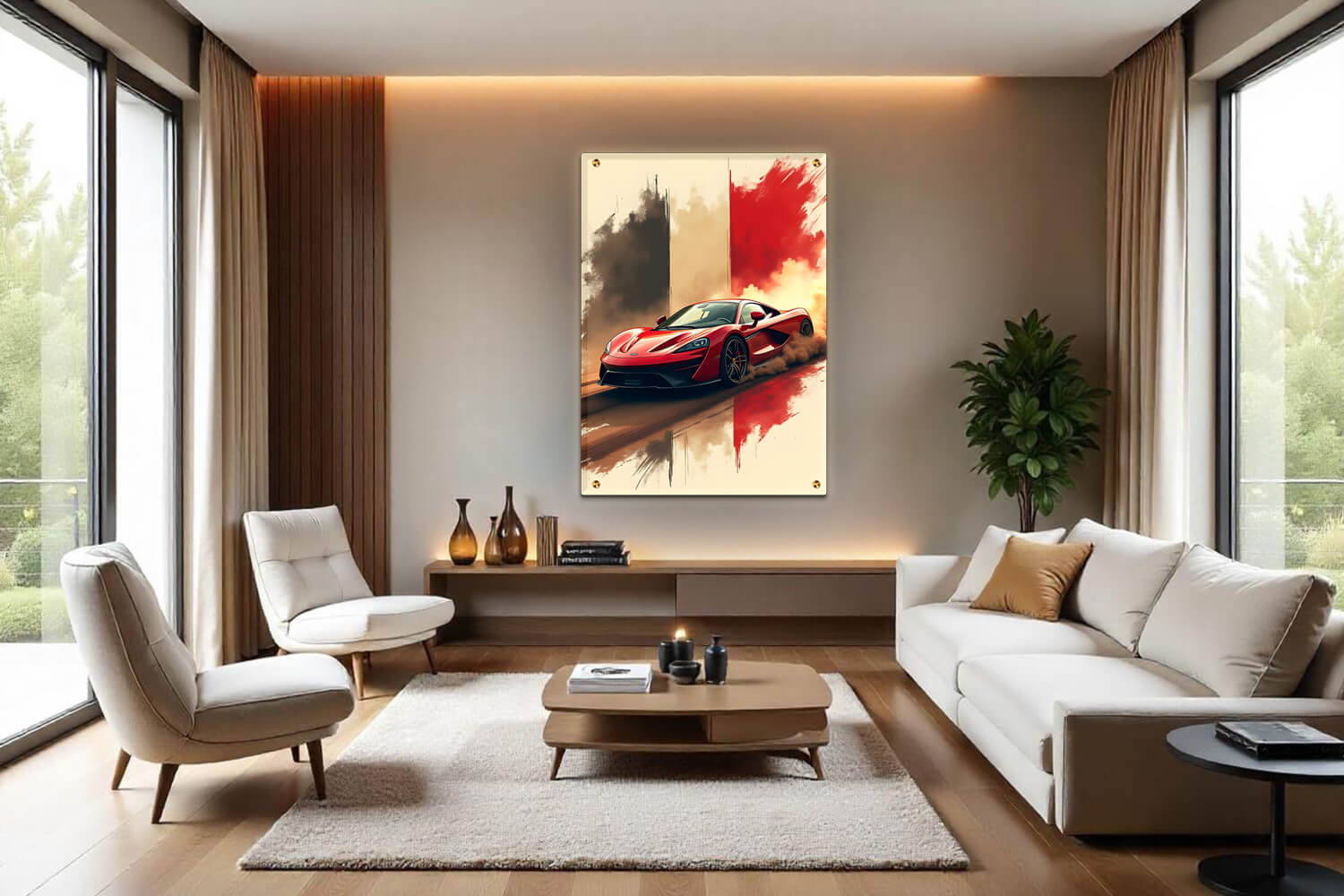 מכונית ספורט אדומה, דוהרת על דרך עפר עם שובל אבק ורקע דרמטי בגווני חום ואדום.