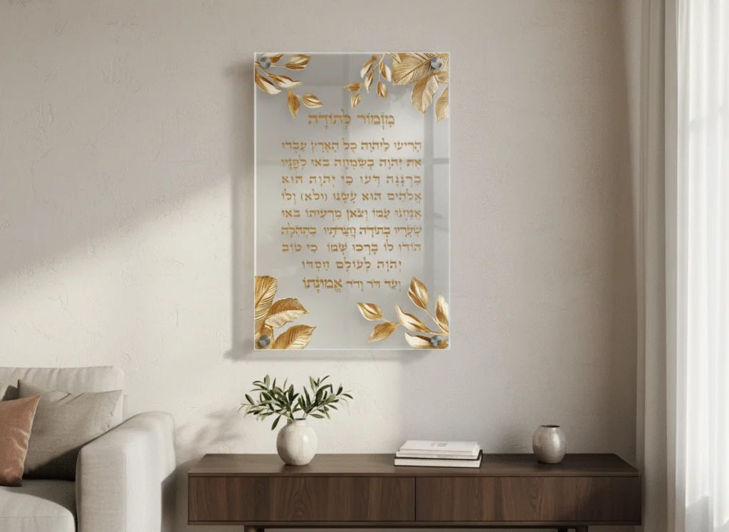 תמונת זכוכית מזמור לתודה מעוצב בזהב לאורך