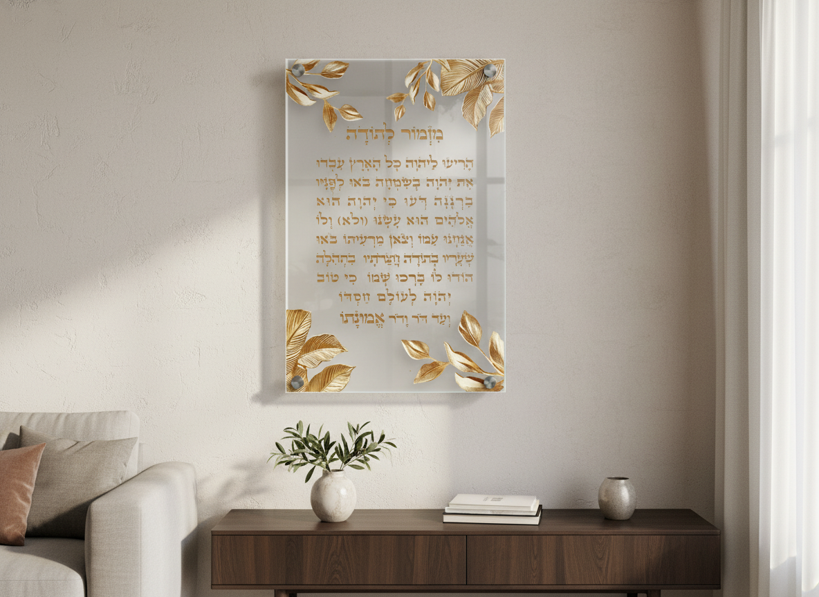 תמונת זכוכית מזמור לתודה מעוצב בזהב לאורך