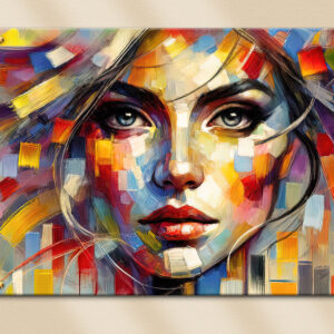 תמונת פורטרט צבעונית של אישה מודפסת על זכוכית מחוסמת בעיצוב מודרני