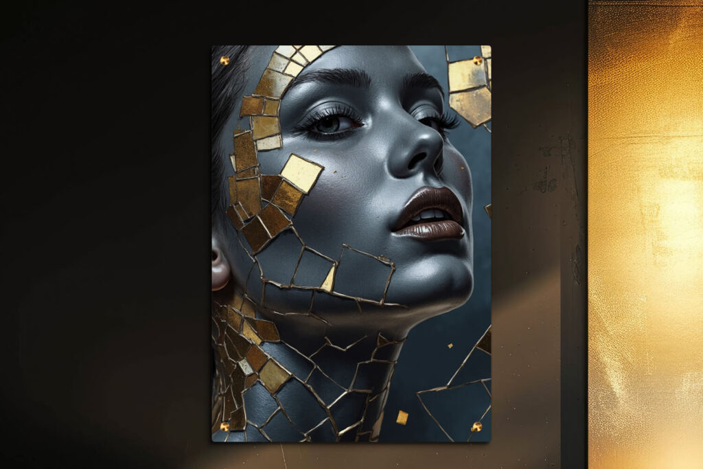 תמונת פורטרט נשי עם קוביות זהב על זכוכית מחוסמת בעיצוב מודרני