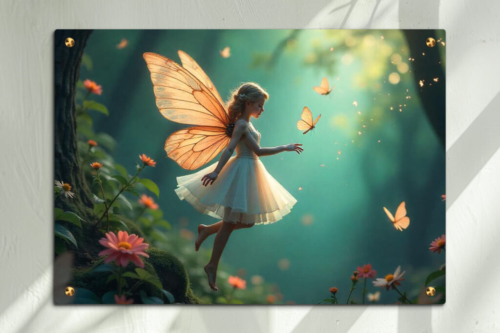 תמונת פיה ופרפרים S1049 מודפסת על זכוכית – עיצוב חלומי לכל חלל