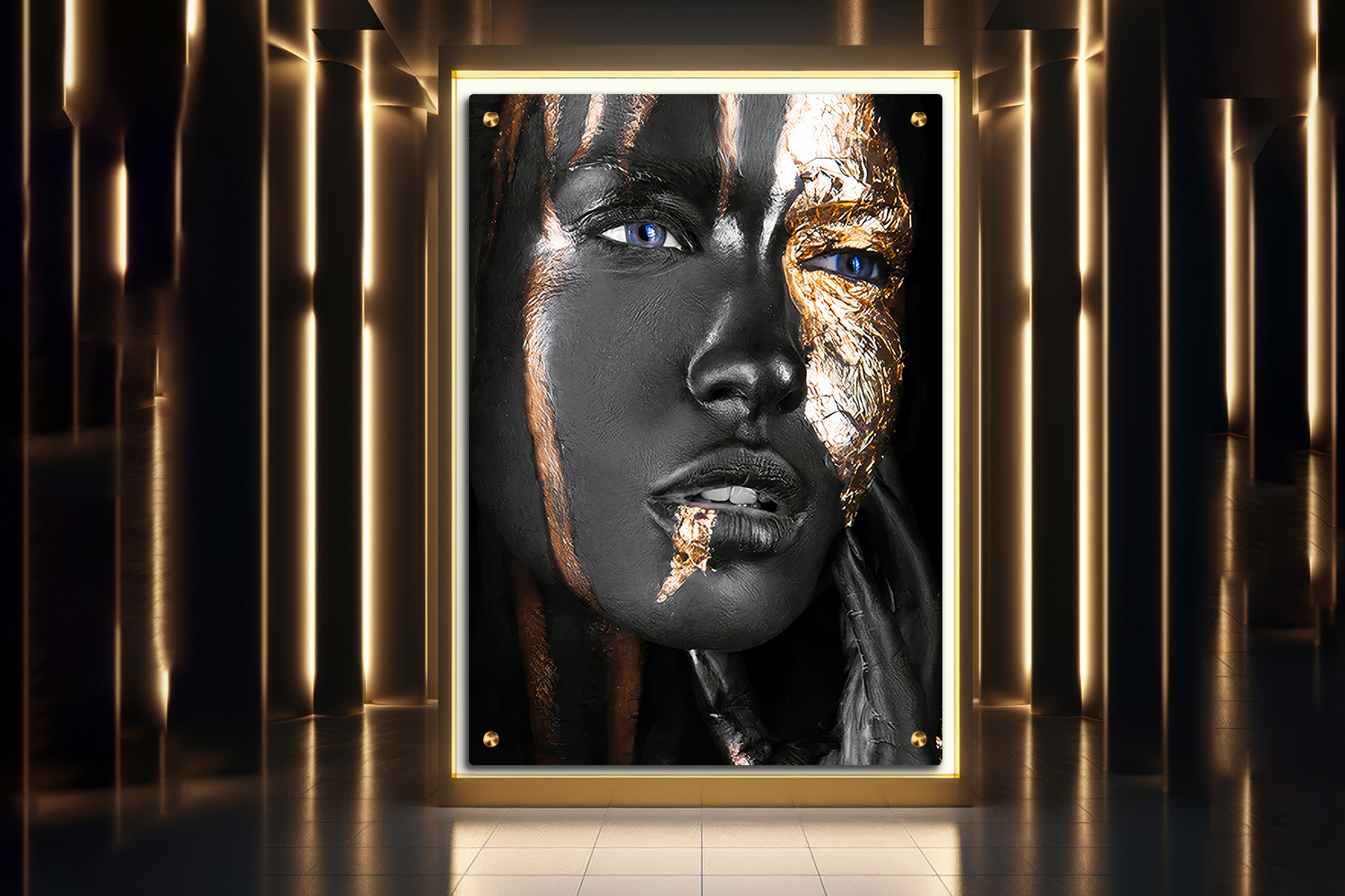 תמונת זכוכית – גולדן פייס S1050 עם אישה בצבעים שחור, זהב וכחול