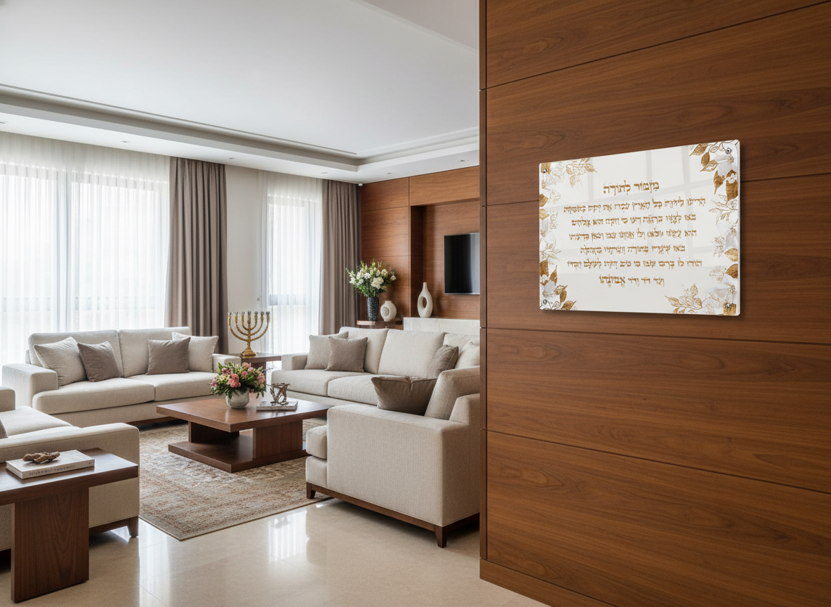 תמונת זכוכית מזמור לתודה מעוצב רקע לבן ופרחי זהב