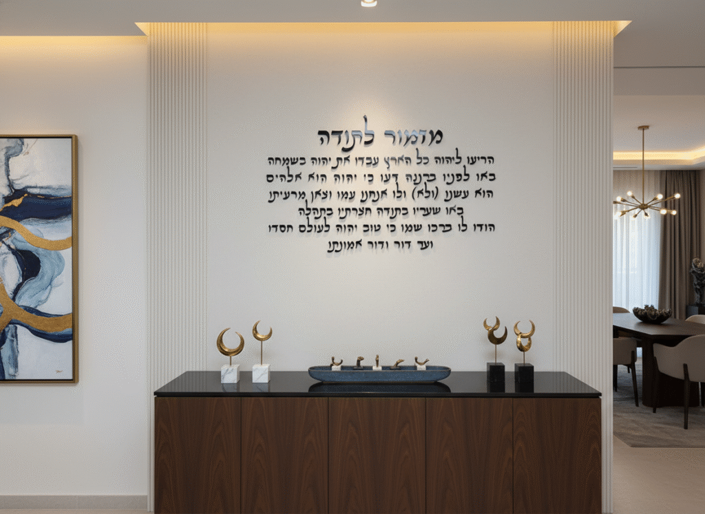 חלל ביתי מואר, קיר לבן נקי ומתוחזק היטב, ועליו מזמור לתודה עשוי אותיות פרספקס שחורות ומבריקות, חתוכות בדיוק לייזר. הטקסט מרחף מעל פני הקיר ויוצר עומק צל עדין שנופל לצד ימין. מימין נראה מדף עץ כהה עם מסגרת תמונות ועציץ מטפס, ובמרכז שולחן עבודה המשקף את הסביבה הביתית והאווירה החמה. הצמחייה והעציץ הלבן משמאל מאוזנים עם העיצוב של האותיות, ויחד יוצרים שילוב של קדושה, אלגנטיות ותחושת בית חמה.