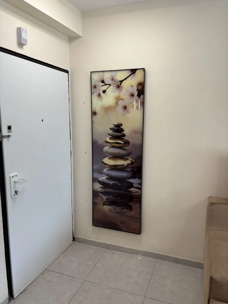 תמונה אנכית של אבנים ופריחה על קיר בהיר לצד דלת כניסה