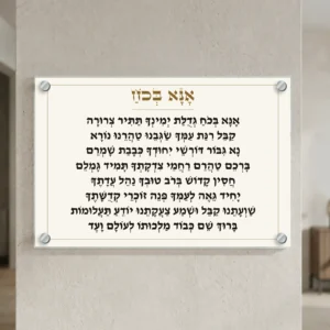 אנא בכוח על זכוכית — רוחב 60 וגובה 40 ס״מ, ארבעה ספייסרים בצבע כסף; הדמיה