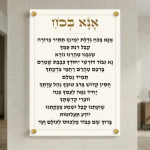 אנא בכוח על זכוכית — רוחב 50 וגובה 70 ס״מ, ארבעה ספייסרים בצבע זהב; הדמיה