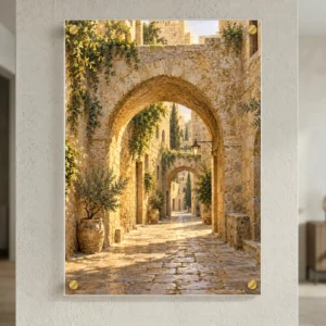 סמטאות ירושלים על זכוכית — רוחב 50 וגובה 70 ס״מ, ארבעה ספייסרים בצבע זהב; הדמיה