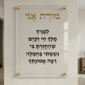 מודה אני על זכוכית — רוחב 50 וגובה 70 ס״מ, ארבעה ספייסרים בצבע זהב; הדמיה