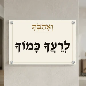 ואהבת לרעך כמוך על זכוכית — רוחב 60 וגובה 40 ס״מ, ארבעה ספייסרים בצבע כסף; הדמיה