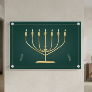 מנורת שבעת הקנים בזהב על זכוכית — רוחב 60 וגובה 40 ס״מ, ארבעה ספייסרים בצבע כסף; הדמיה