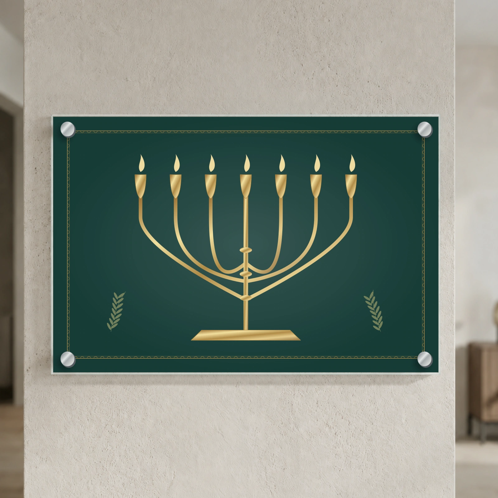 מנורת שבעת הקנים בזהב על זכוכית — הדמיה בפורמט נוסף עם ארבעה ספייסרים