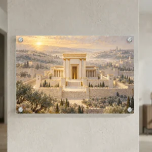בית המקדש באור של זהב על זכוכית — רוחב 60 וגובה 40 ס״מ, ארבעה ספייסרים בצבע כסף; הדמיה