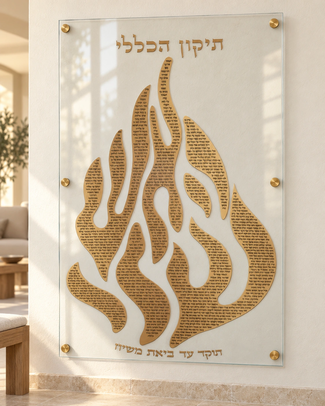 הדמיית האש שלי — התיקון הכללי על זכוכית, רוחב 100 וגובה 150 ס״מ, עם שישה ספייסרים זהב